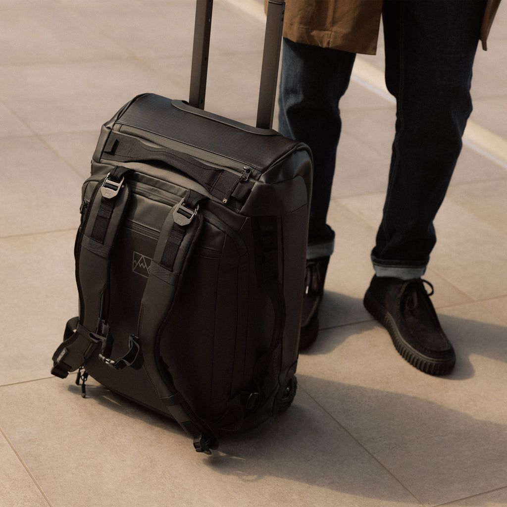 A close up of the back straps on the Wheeled Kit Bag 40L in All Black