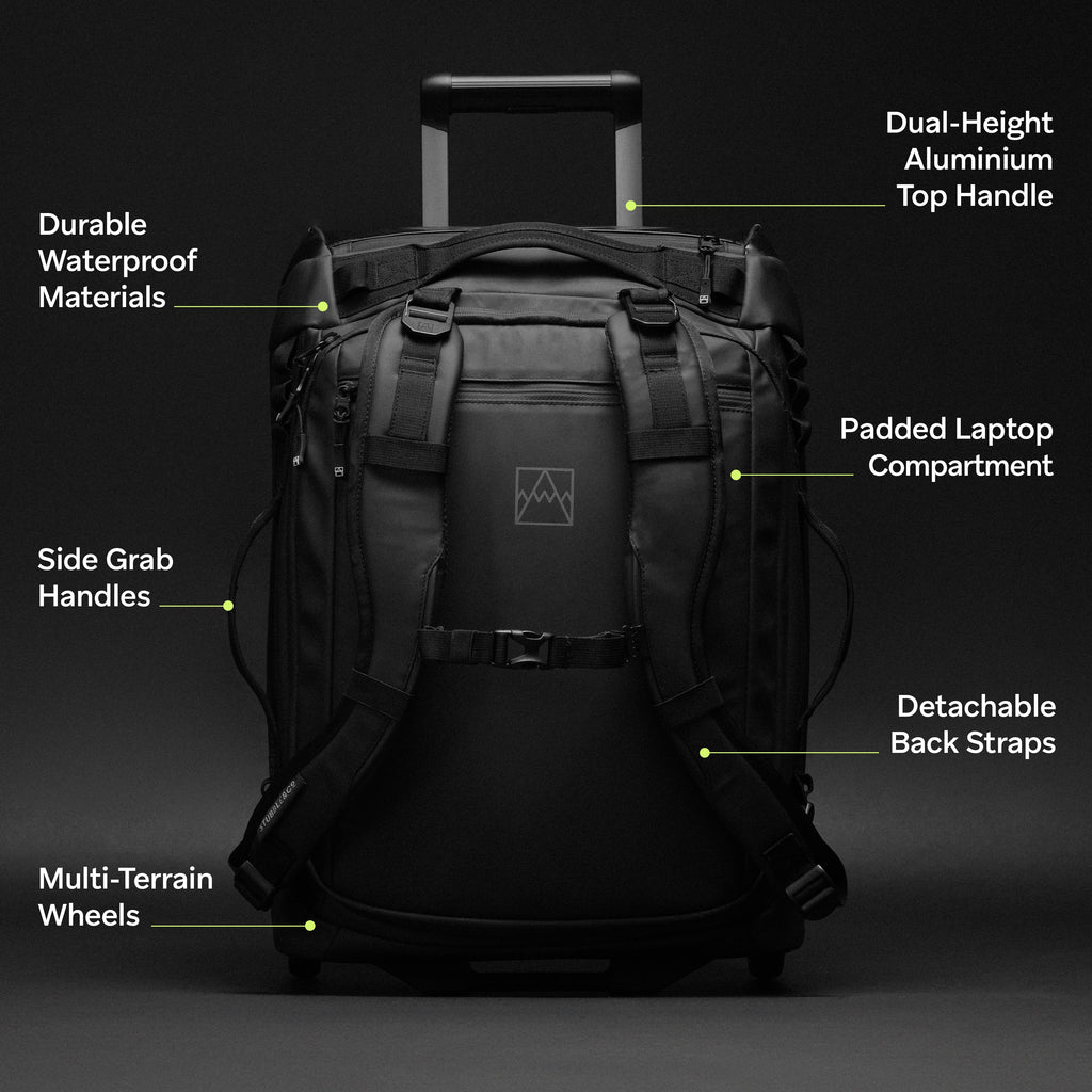 A studio shot of the Wheeled Kit Bag 40L in All Black with the features annotated onto it